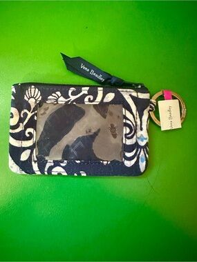 Vera Bradley Navy Blue White Floral ID Coin Pouch with Key Ring